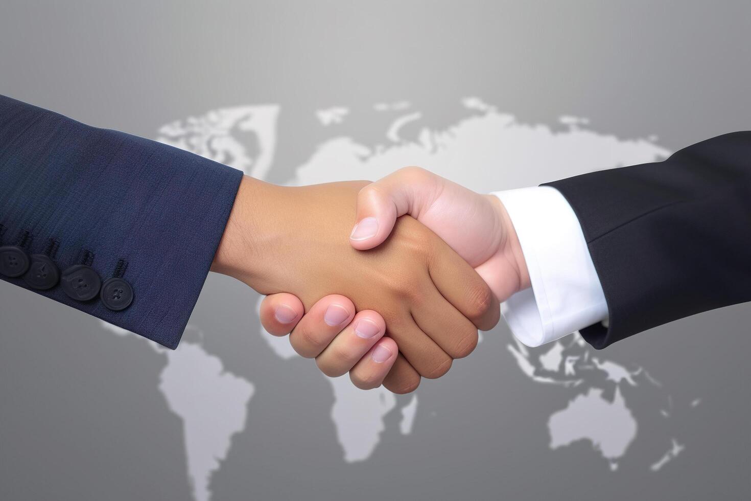 Business agreement handshake hand gesture with a world map in the background. photo