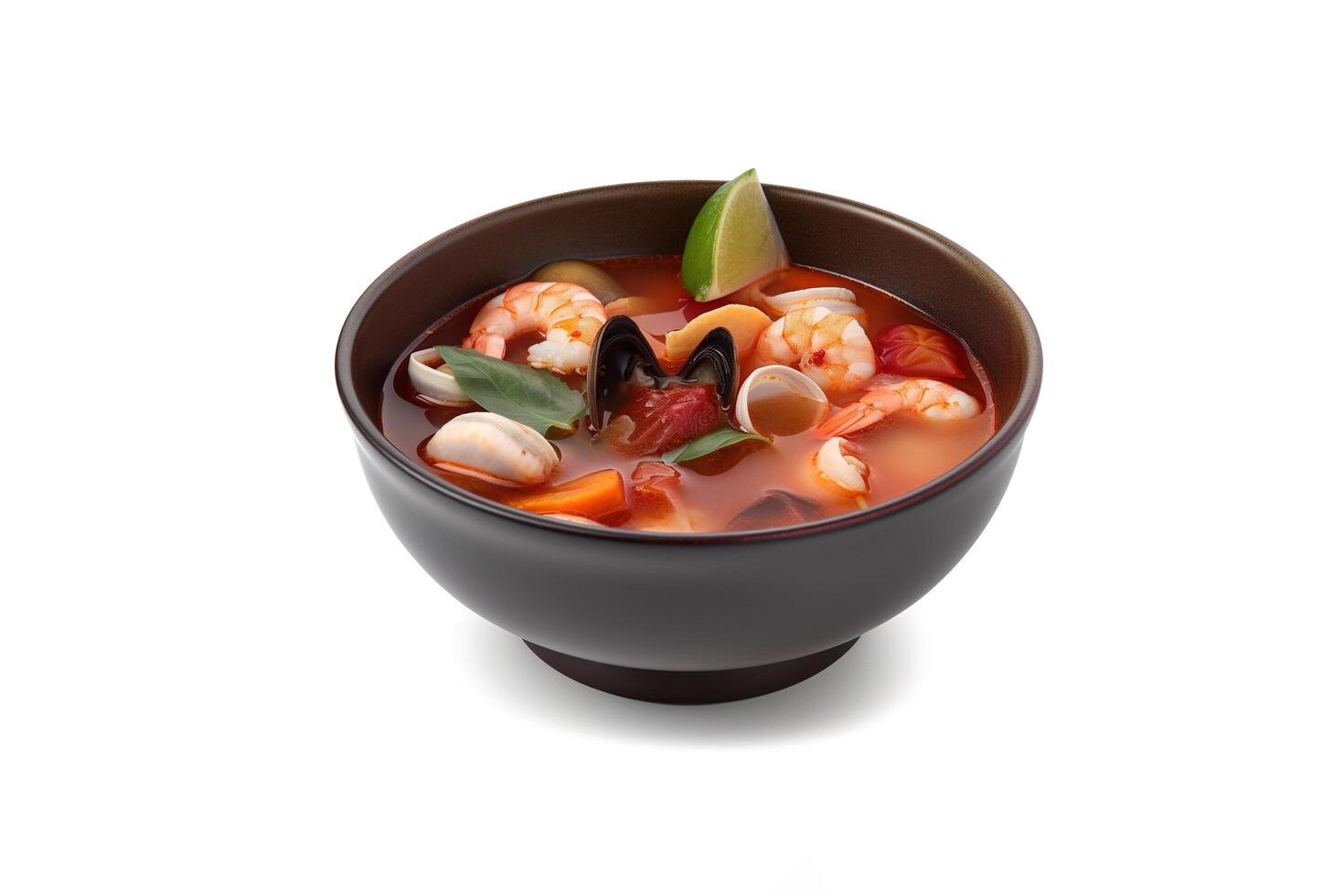 Delicious a bowl of Thai soup Tom Yam Kung with shrimps and clams isolated on white background. photo