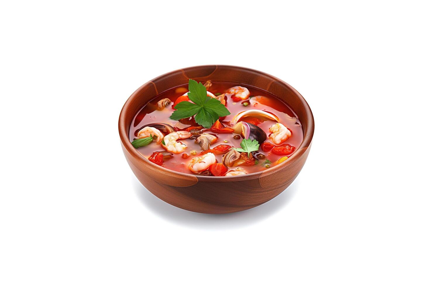 Delicious a bowl of Thai soup Tom Yam Kung with shrimps and clams isolated on white background. photo