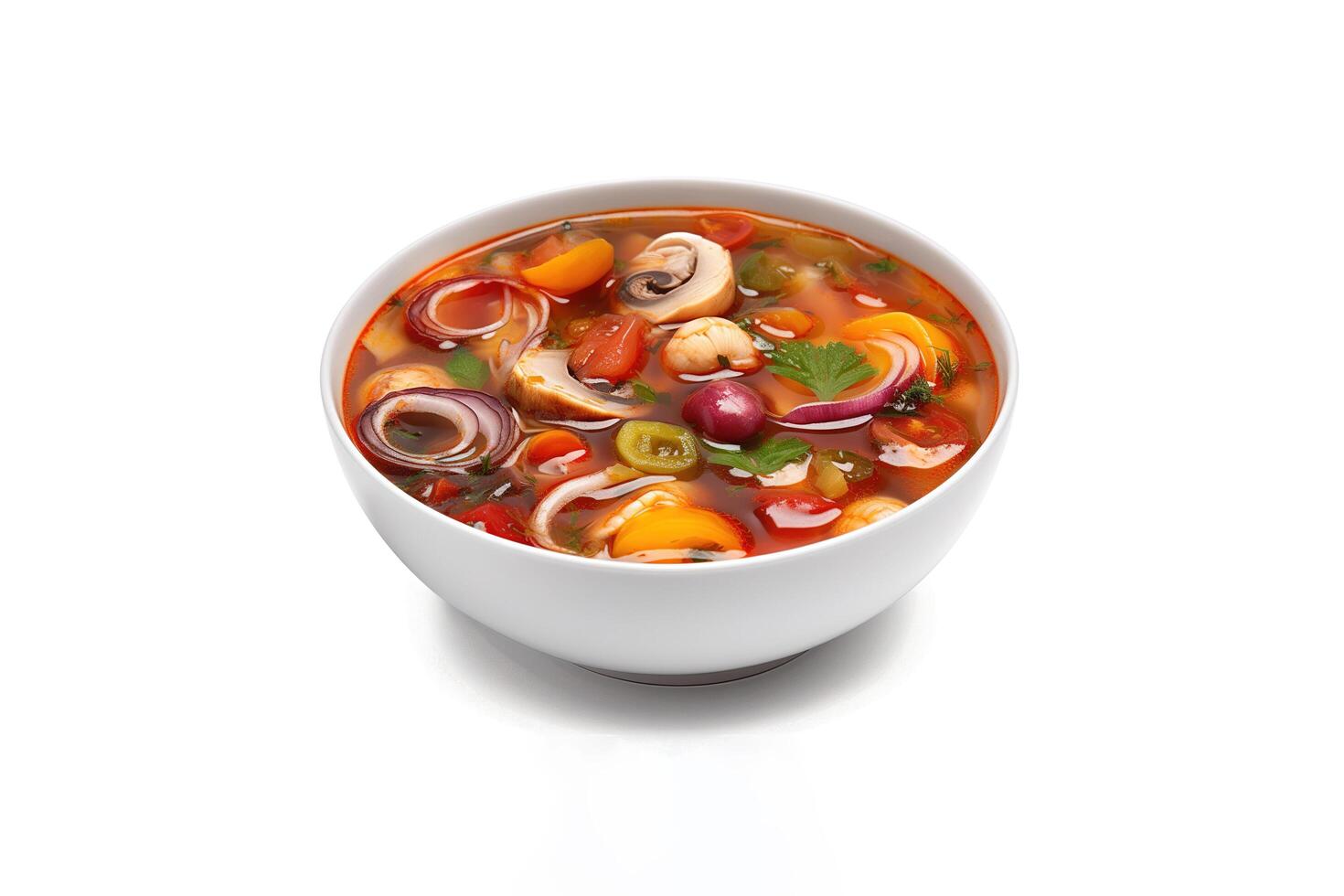 Delicious a bowl of Thai soup Tom Yam Kung with shrimps and clams isolated on white background. photo