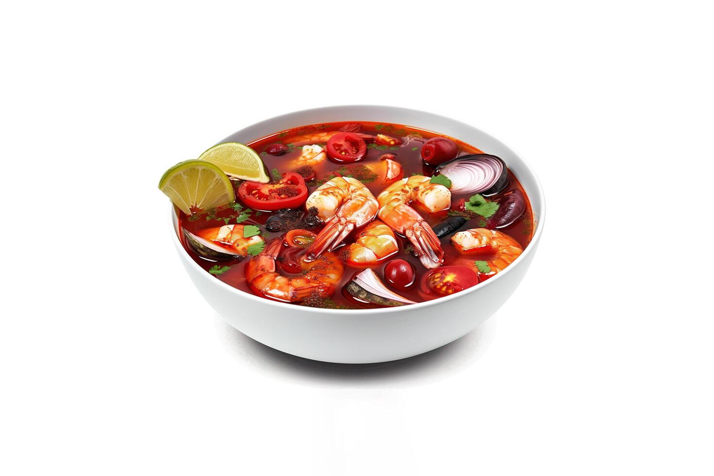 Delicious a bowl of Thai soup Tom Yam Kung with shrimps and clams isolated on white background. photo