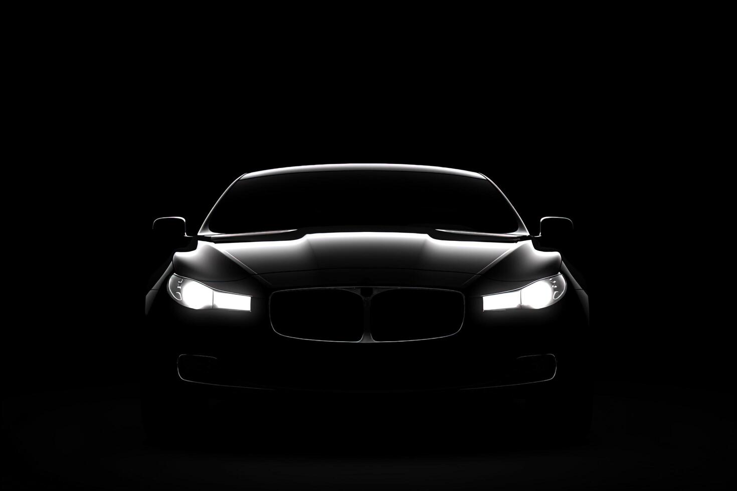 Front view dark silhouette of a modern luxury black car isolated on black background. photo