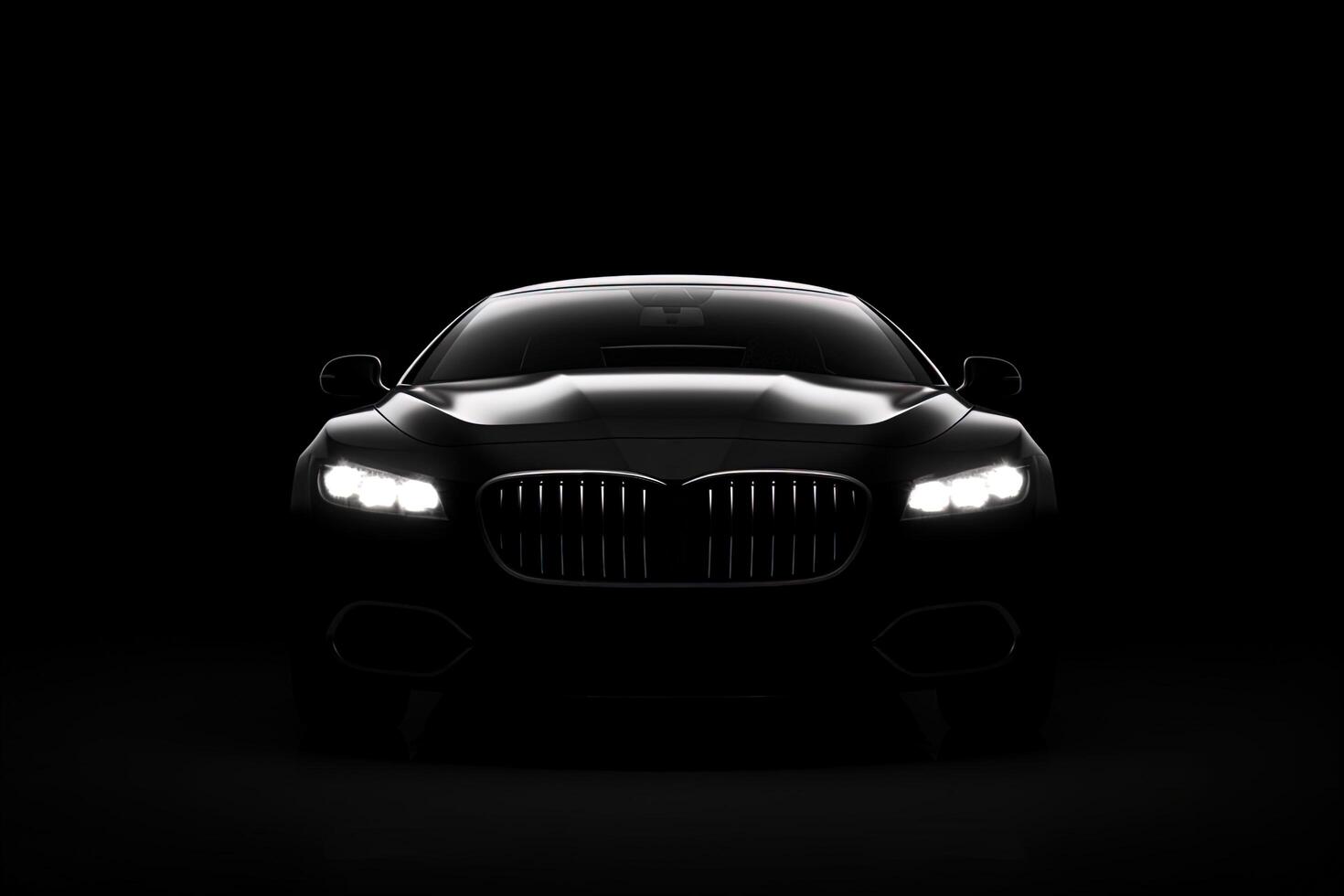 Front view dark silhouette of a modern luxury black car isolated on black background. photo