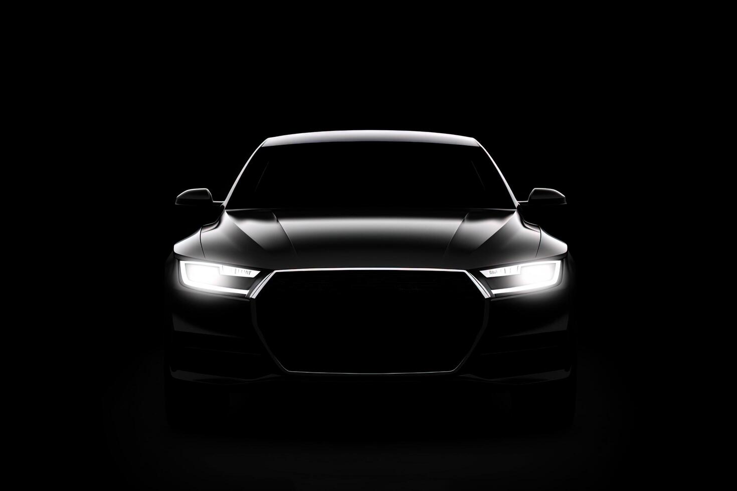 Front view dark silhouette of a modern luxury black car isolated on black background. photo