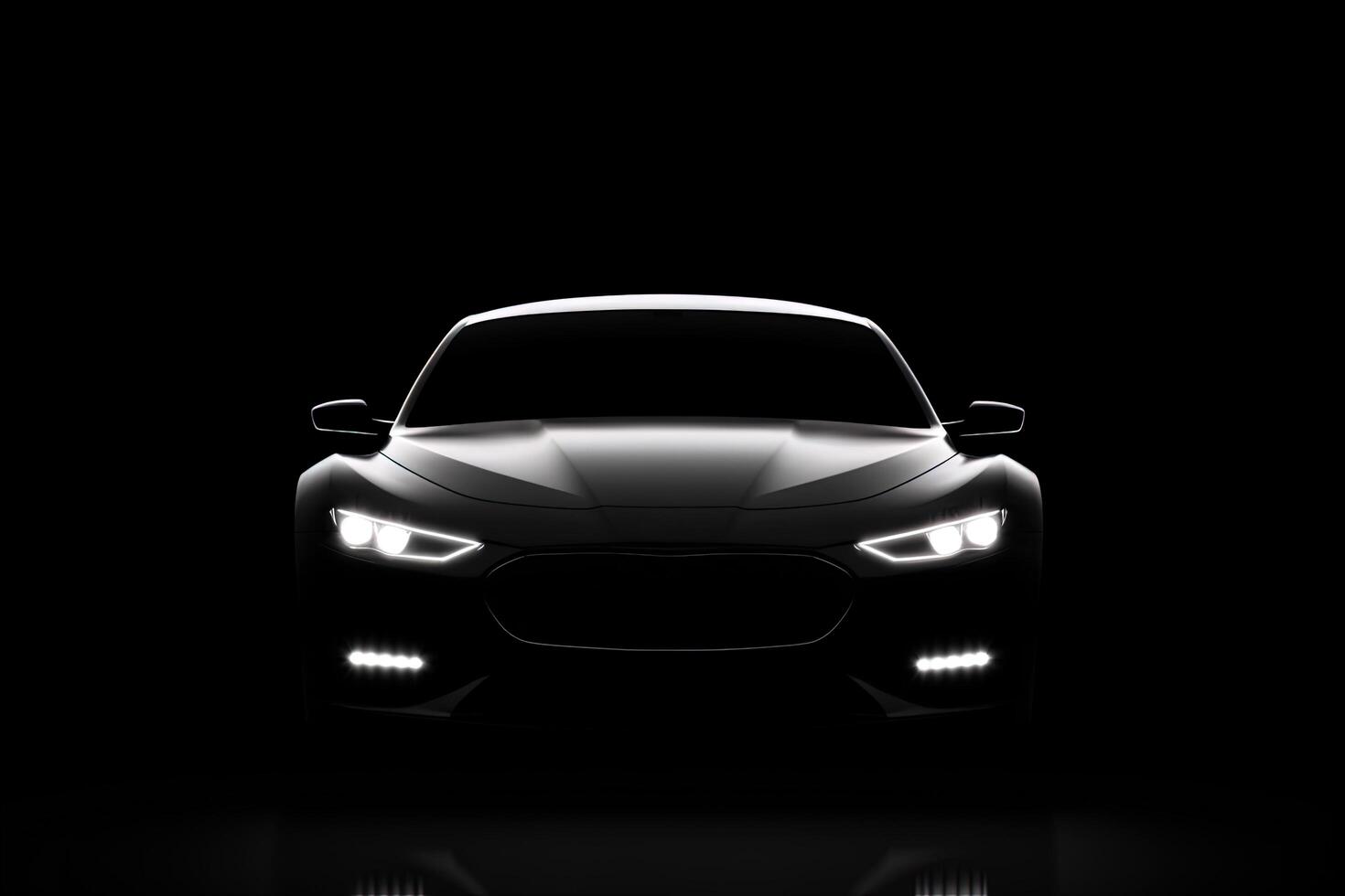 Front view dark silhouette of a modern luxury black car isolated on black background. photo