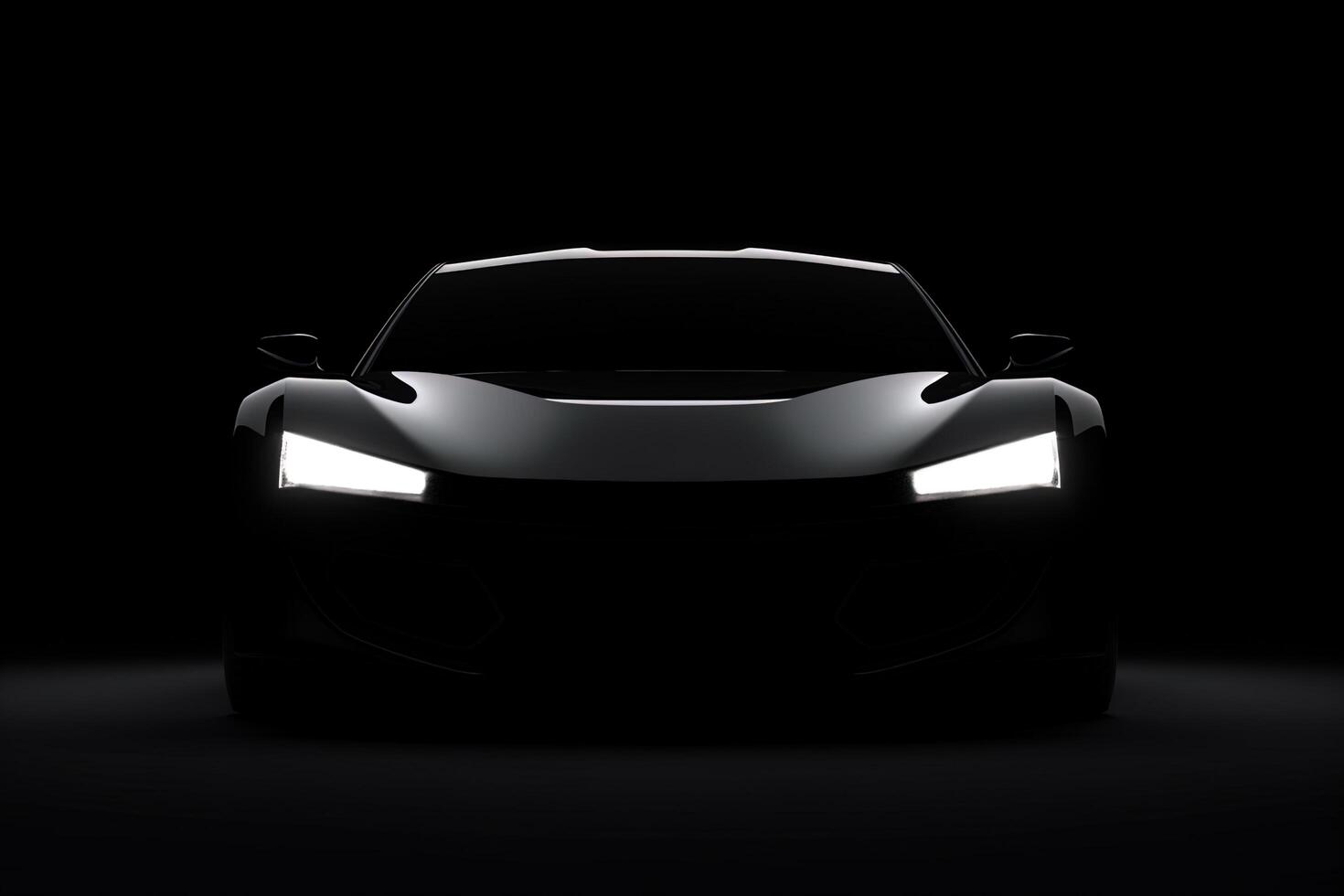 Front view dark silhouette of a modern sport black car isolated on black background. photo