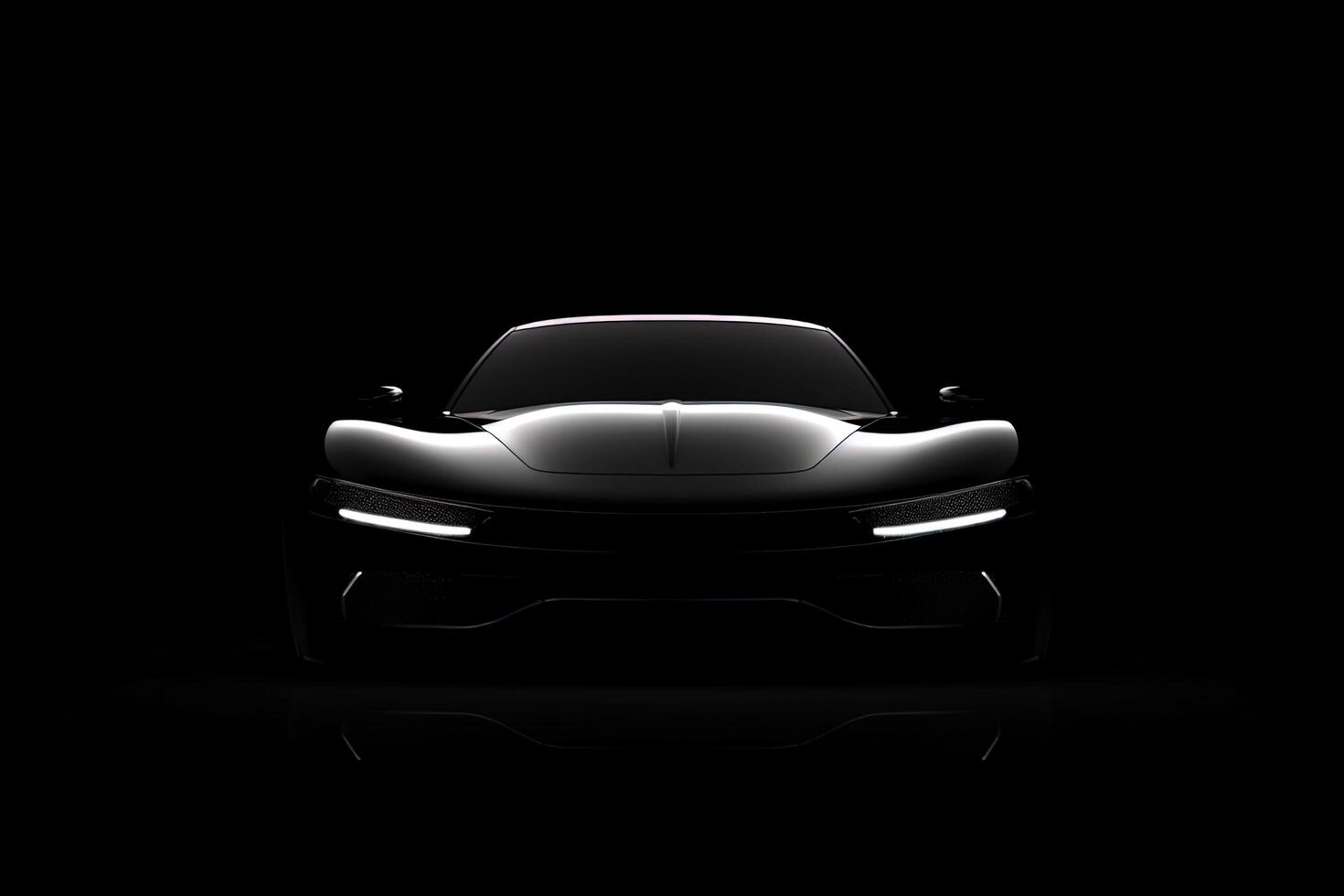 Front view dark silhouette of a modern sport black car isolated on black background. photo