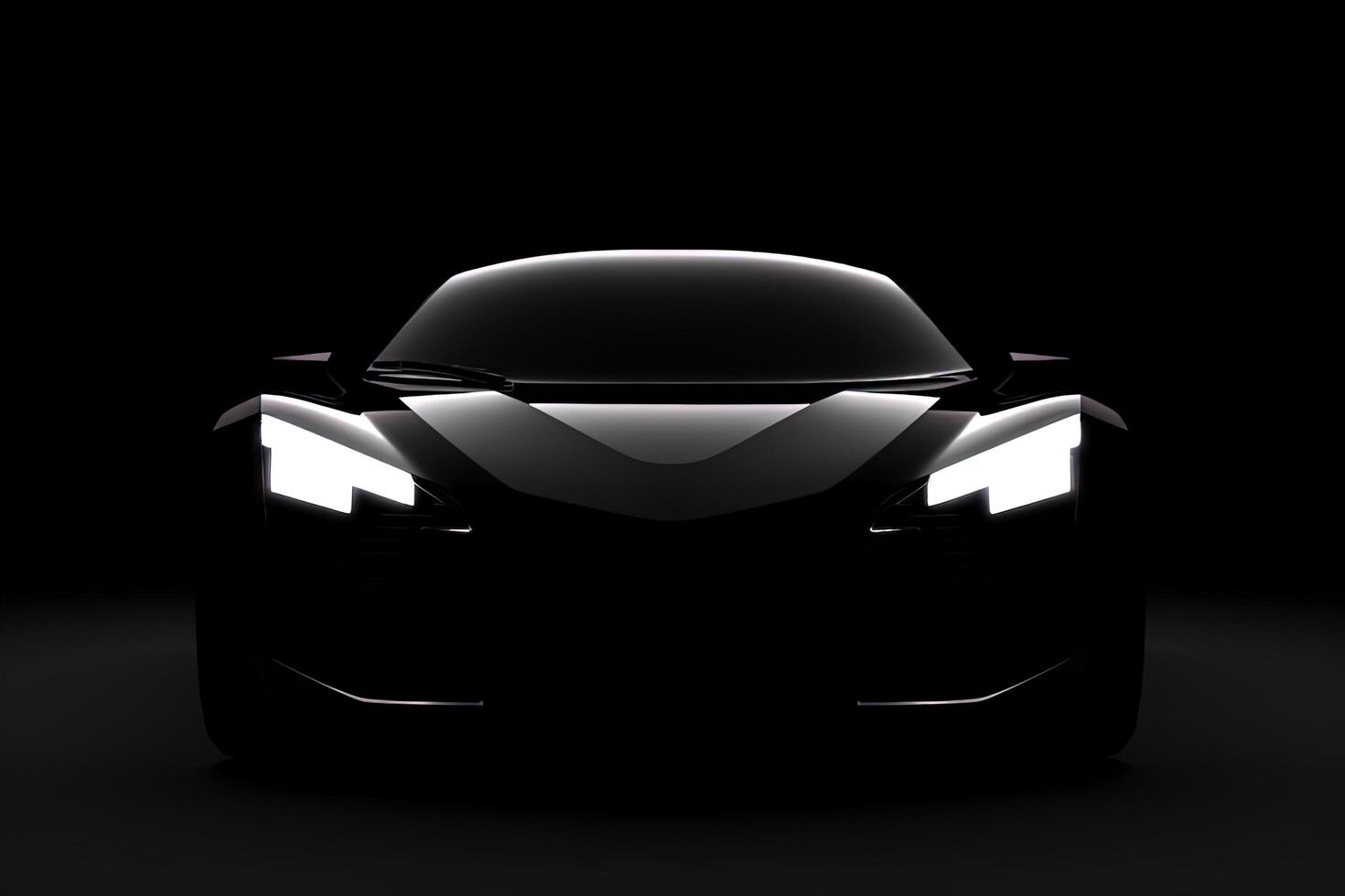 Front view dark silhouette of a modern sport black car isolated on black background. photo