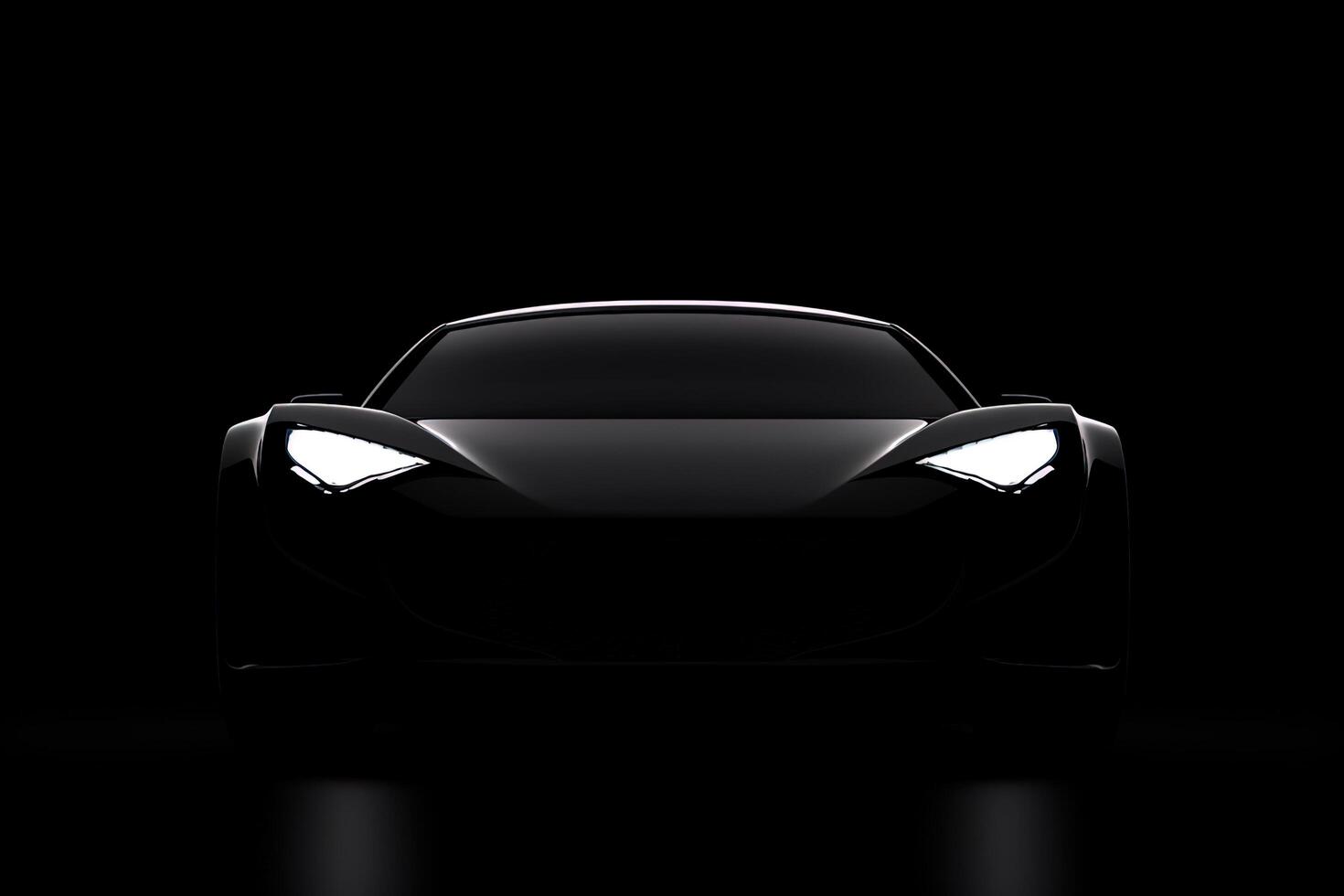 Front view dark silhouette of a modern sport black car isolated on black background. photo