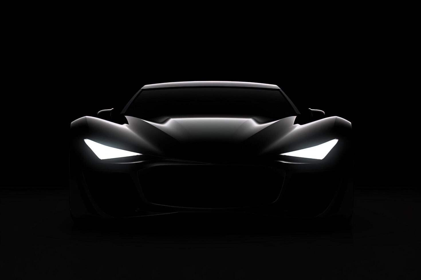 Front view dark silhouette of a modern sport black car isolated on black background. photo