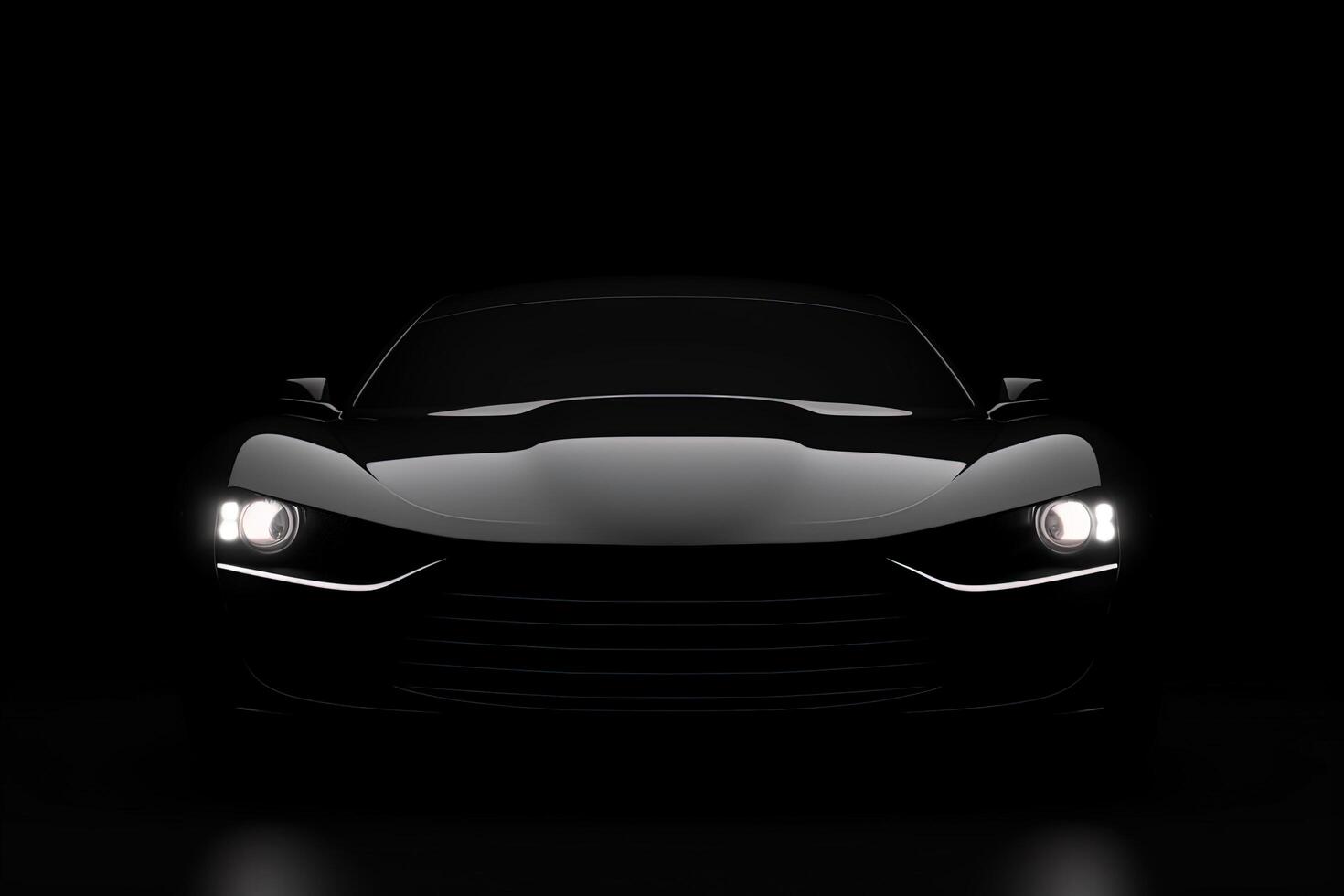 Front view dark silhouette of a modern sport black car isolated on black background. photo