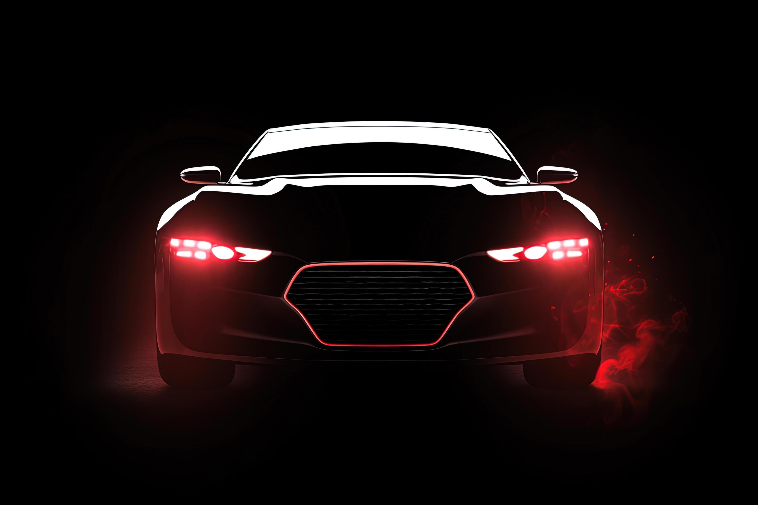 Front view dark silhouette of a modern luxury red car isolated on dark