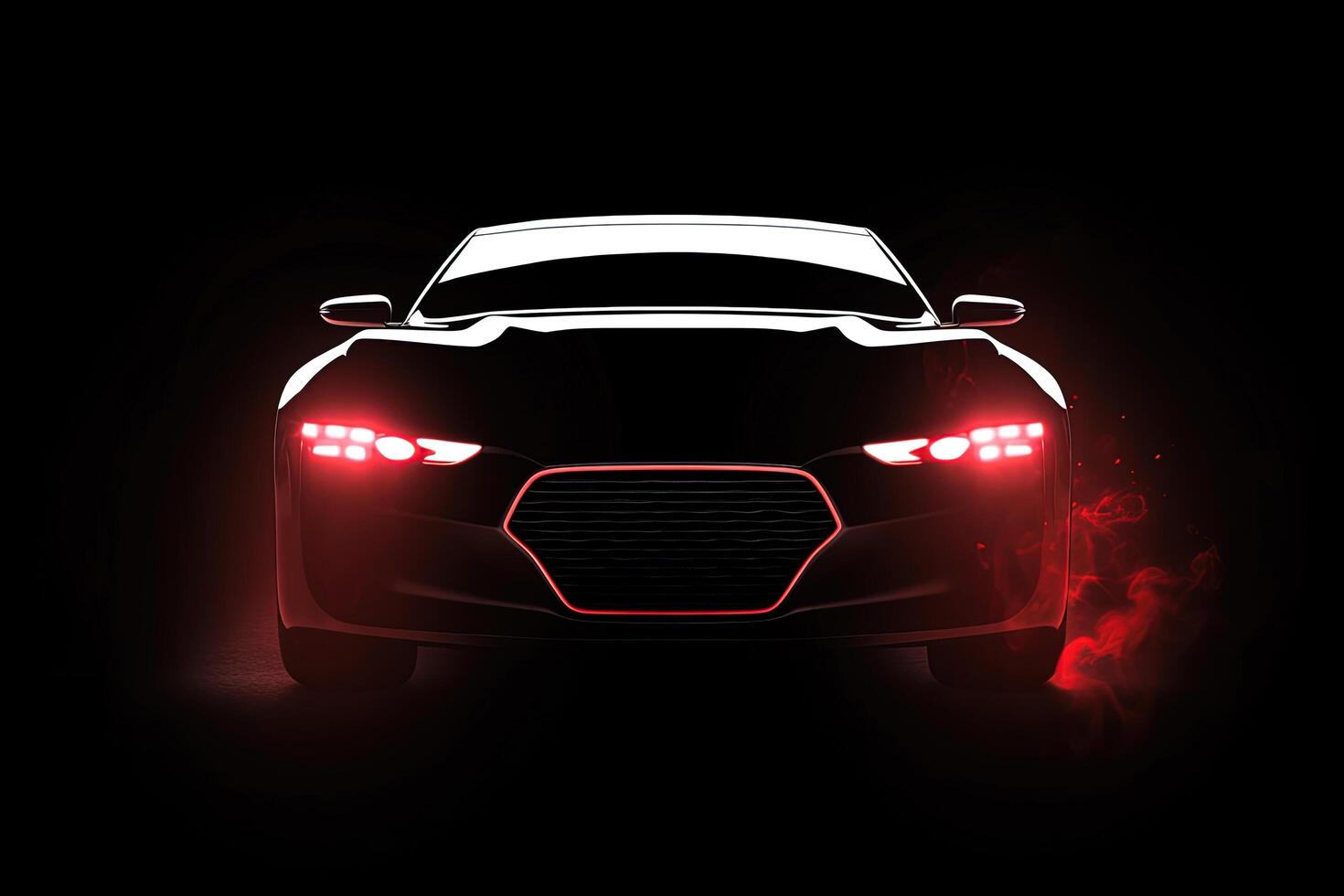 Front view dark silhouette of a modern luxury red car isolated on dark background with red neon light and smoke. photo
