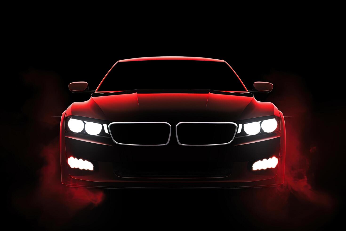 Front view dark silhouette of a modern luxury red car isolated on dark background with red neon light and smoke. photo