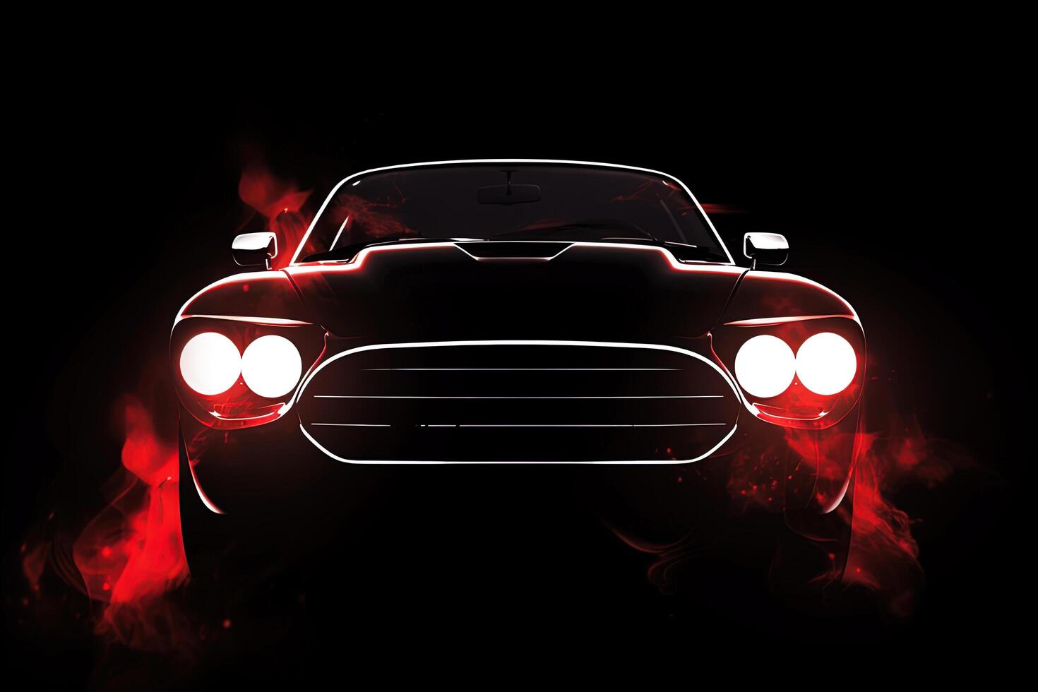 Front view dark silhouette of a modern luxury red car isolated on dark background with red neon light and smoke. photo