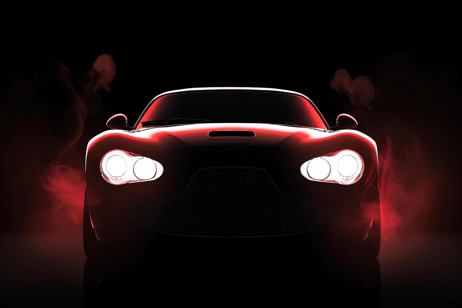 Front view dark silhouette of a modern luxury red car isolated on dark background with red neon light and smoke. photo