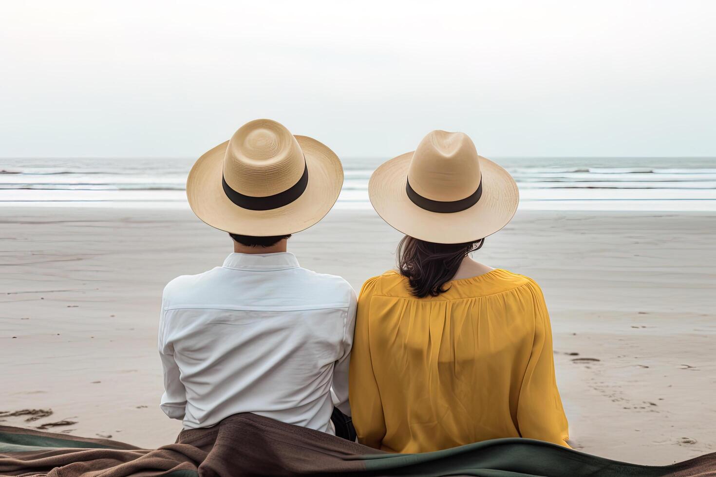 a couple sitting on a beach. sweet couple happy relax enjoy love and romantic moment. photo