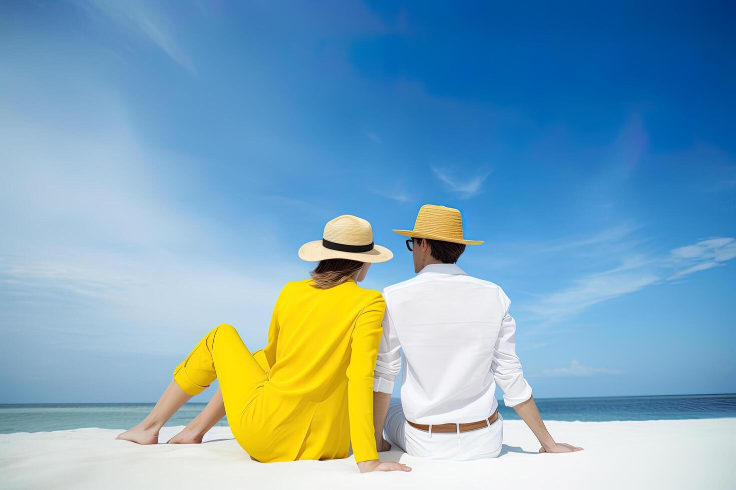 a couple sitting on a beach. sweet couple happy relax enjoy love and romantic moment. photo