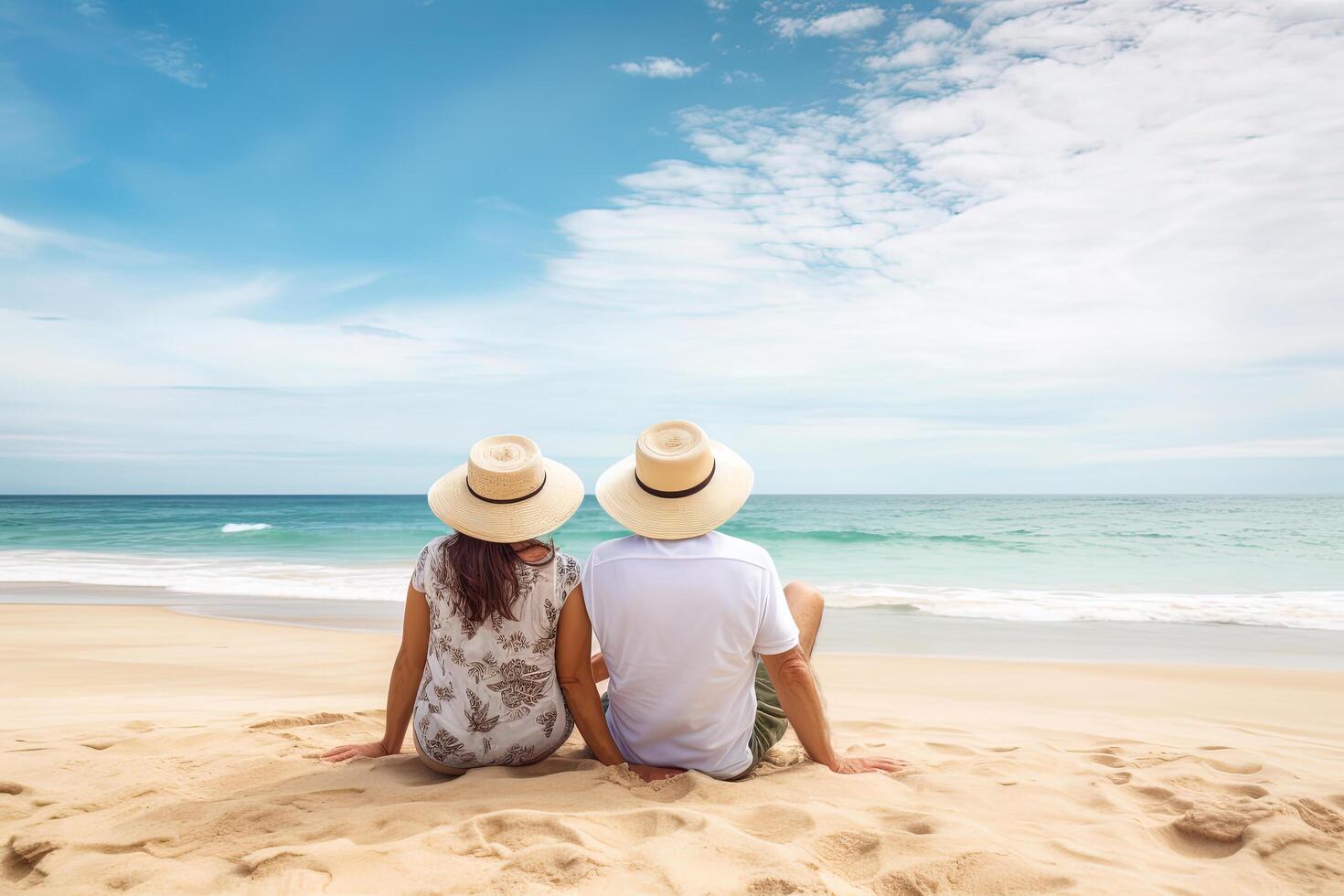 a couple sitting on a beach. sweet couple happy relax enjoy love and romantic moment. photo