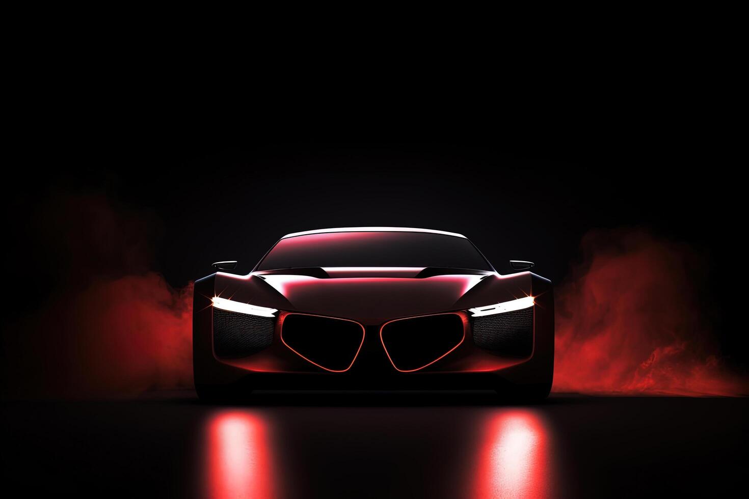 Front view dark silhouette of a modern sport red car isolated on dark background with red neon light and smoke. photo