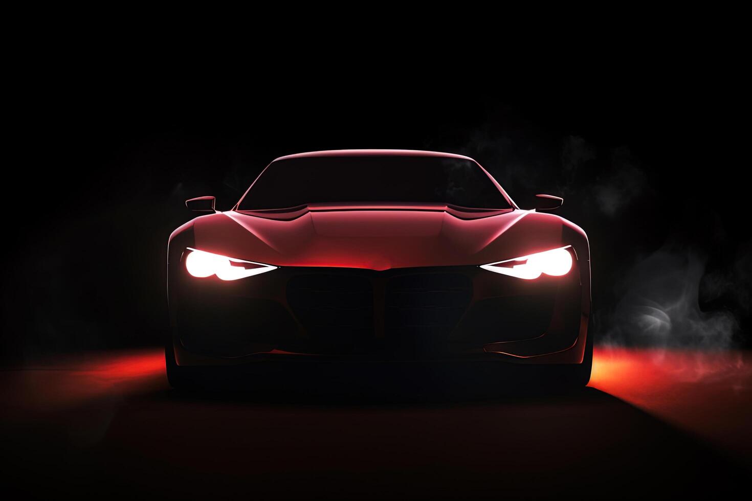 Front view dark silhouette of a modern sport red car isolated on dark background with red neon light and smoke. photo