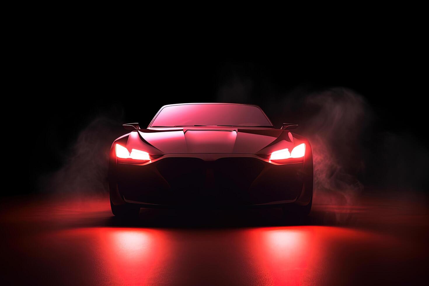 Front view dark silhouette of a modern sport red car isolated on dark background with red neon light and smoke. photo