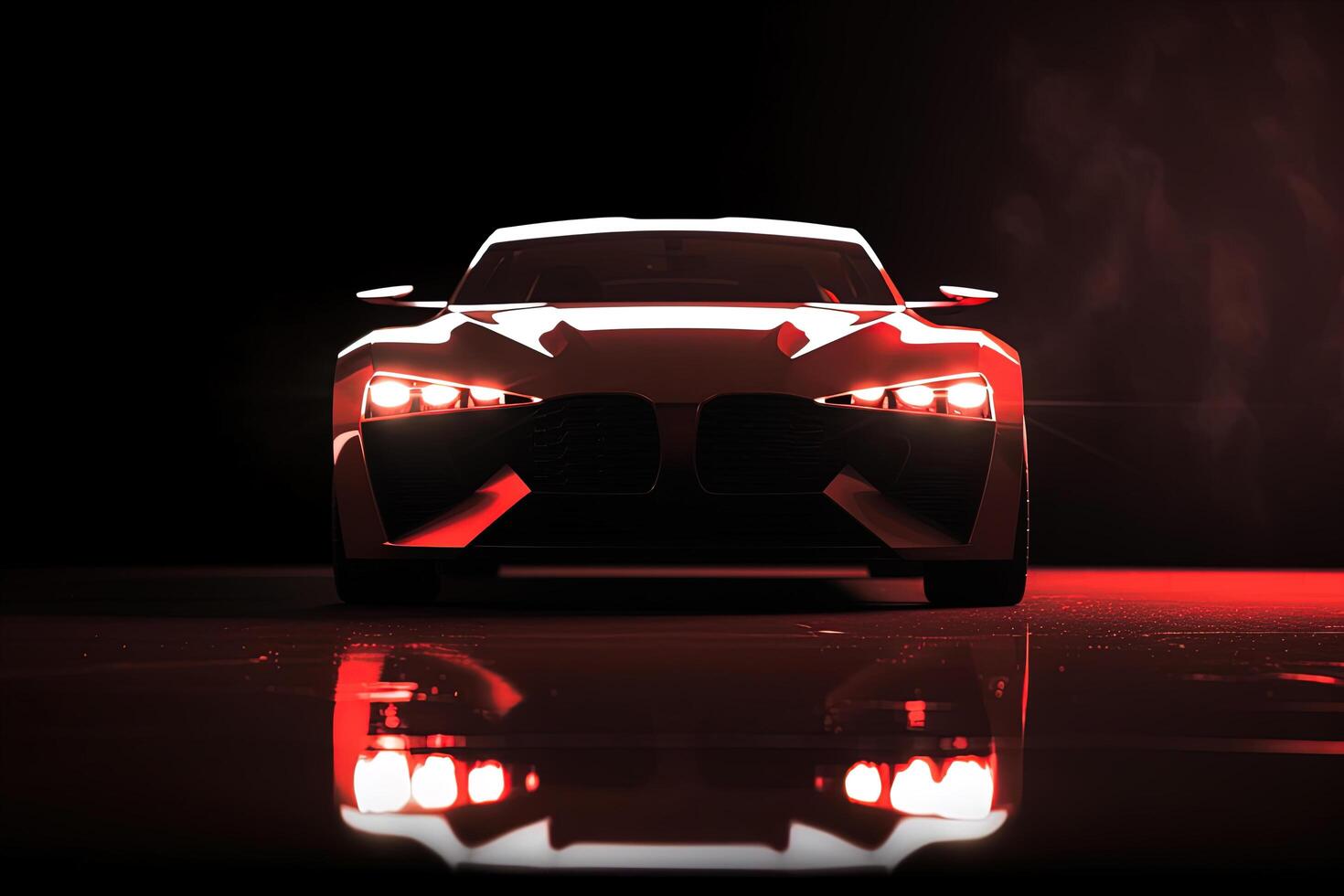 Front view dark silhouette of a modern sport red car isolated on dark background with red neon light and smoke. photo