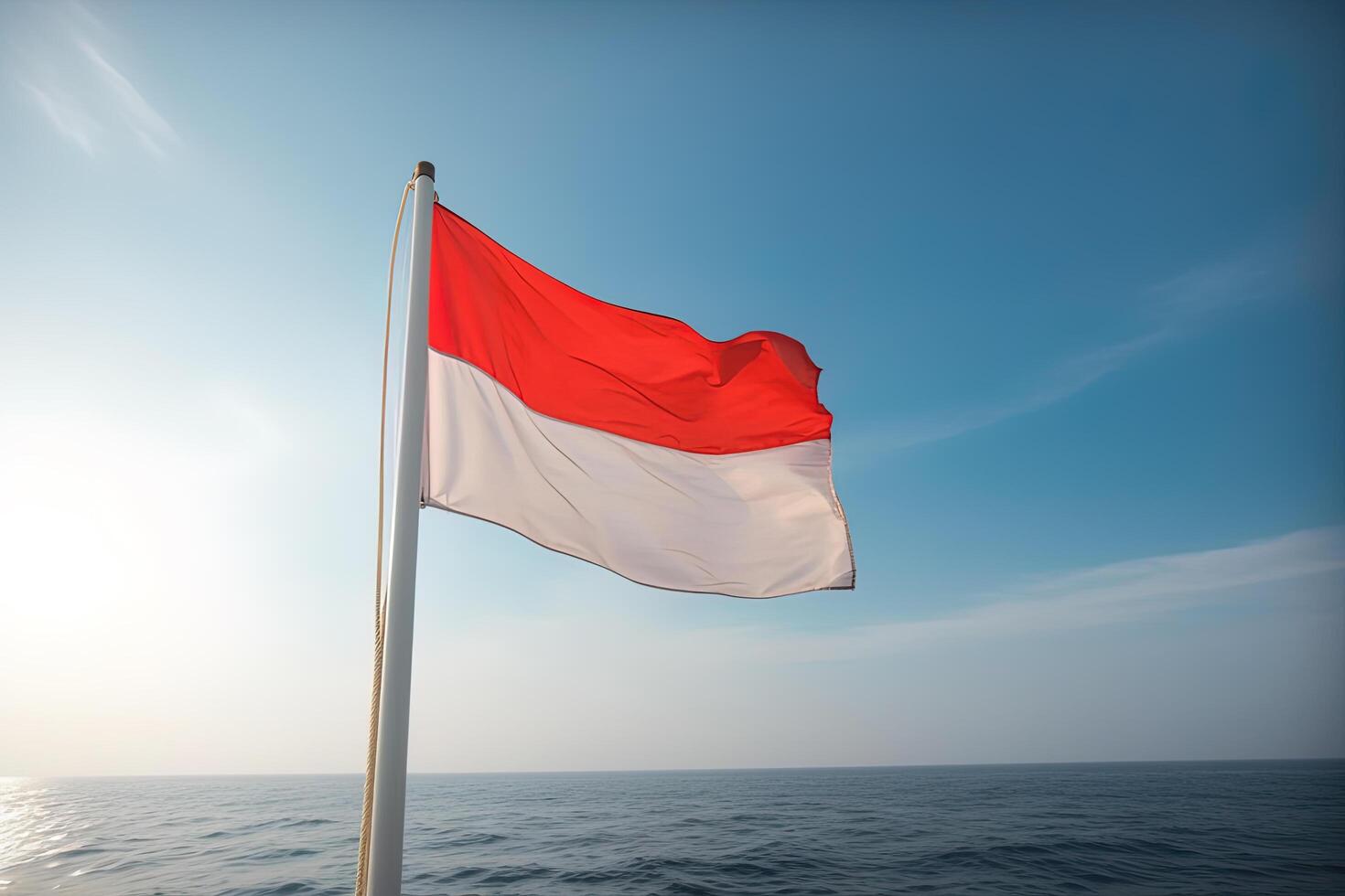 Indonesia national flag waving in the blue sky on the ocean background. Red and white flag with clouds. photo