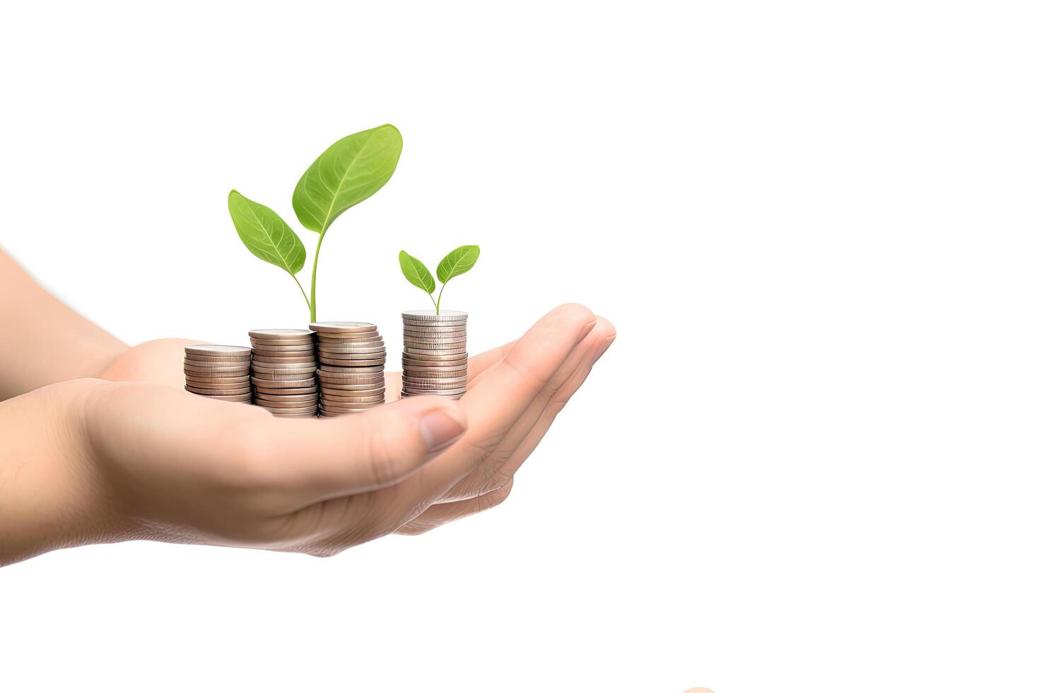 Growth finance concept. Plant growing on the coin in hand for wealth saving money and investment success on white background. photo