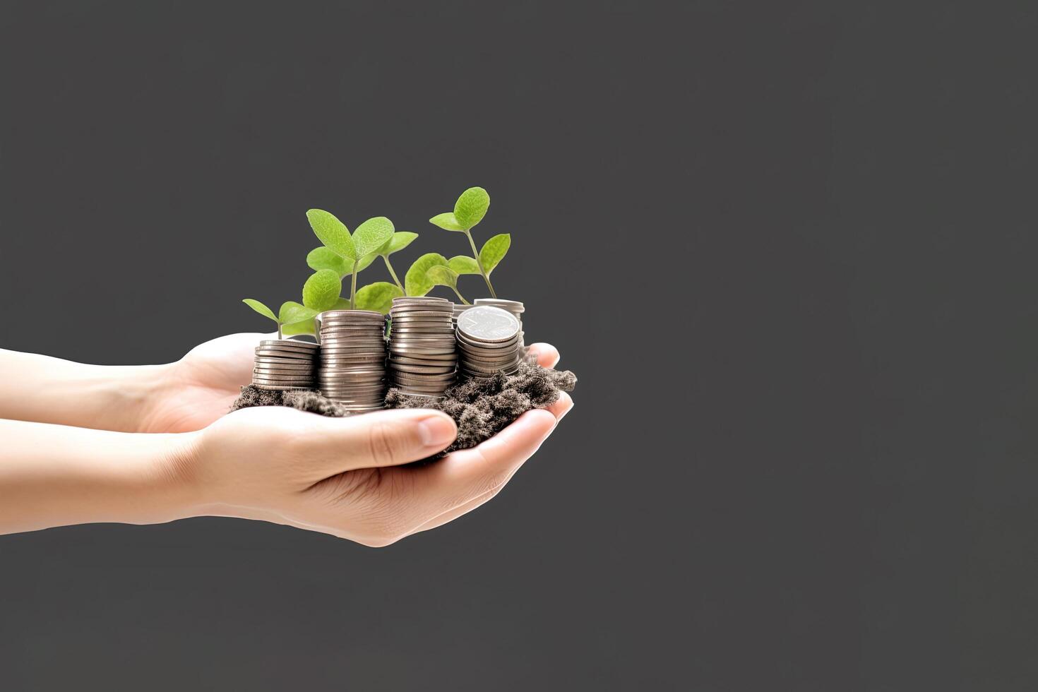 Growth finance concept. Plant growing on the coin in hand for wealth saving money and investment success on black background. photo