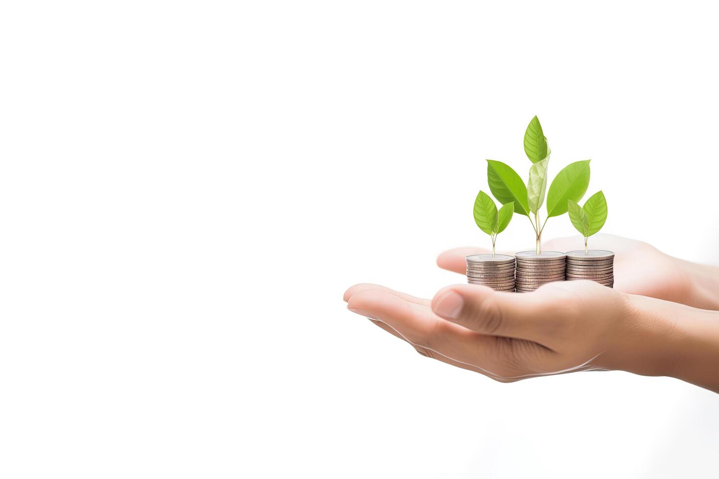 Growth finance concept. Plant growing on the coin in hand for wealth saving money and investment success on white background. photo