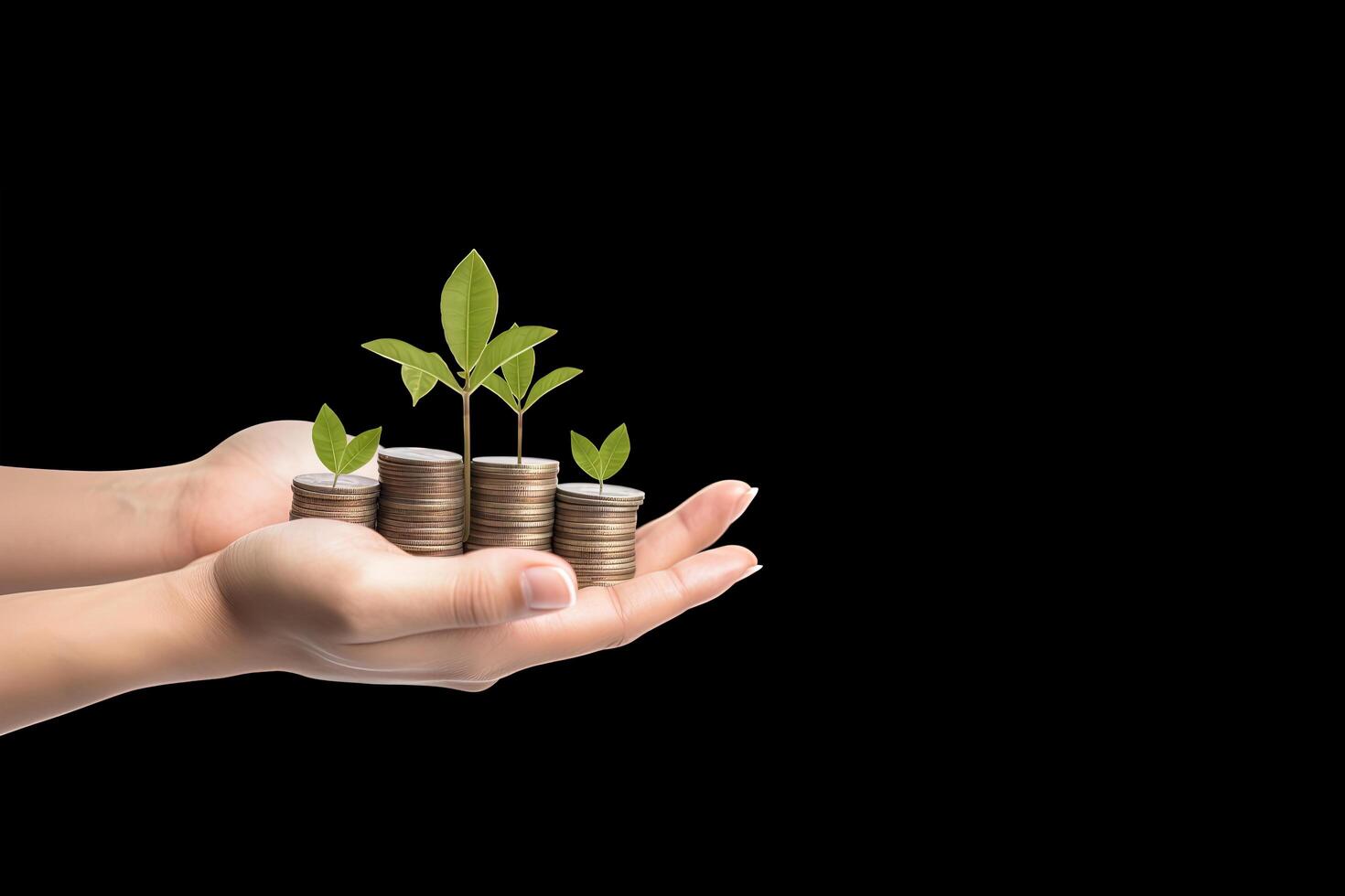 Growth finance concept. Plant growing on the coin in hand for wealth saving money and investment success on black background. photo