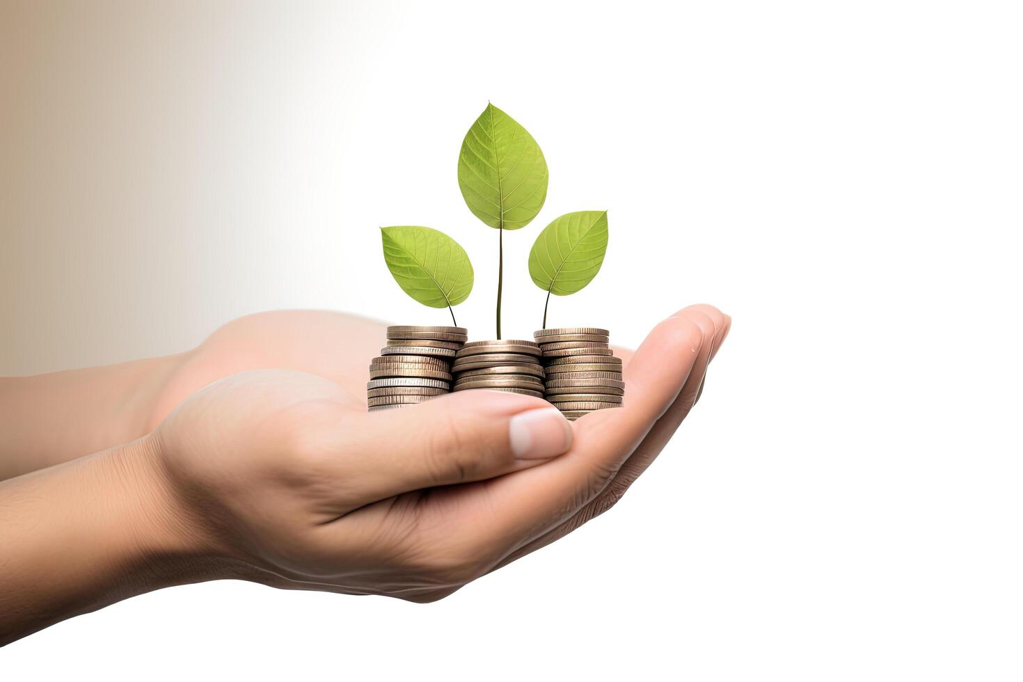 Growth finance concept. Plant growing on the coin in hand for wealth saving money and investment success on white background. photo