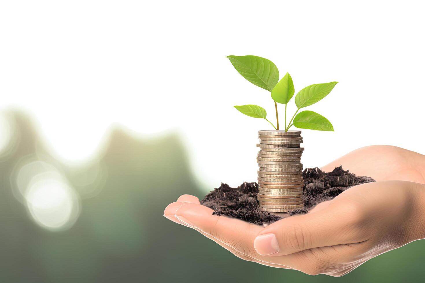 Growth finance concept. Plant growing on the coin in hand for wealth saving money and investment success. photo