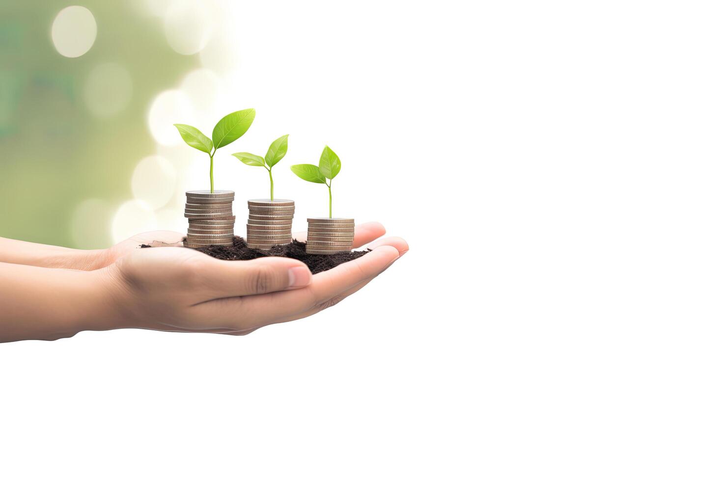 Growth finance concept. Plant growing on the coin in hand for wealth saving money and investment success on white background. photo