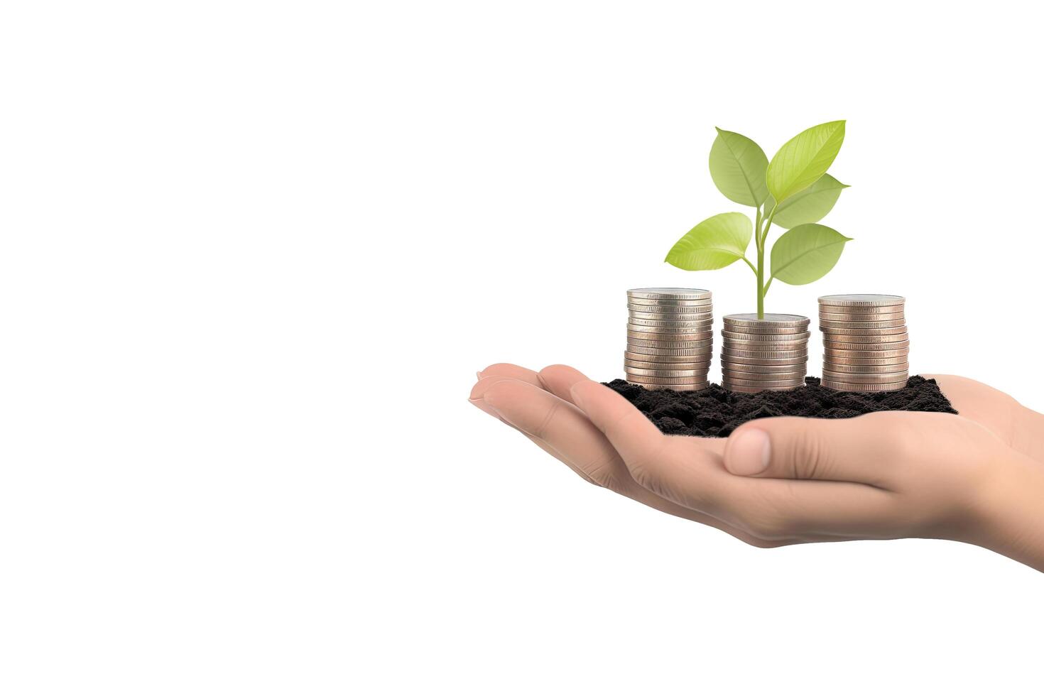 Growth finance concept. Plant growing on the coin in hand for wealth saving money and investment success on white background. photo