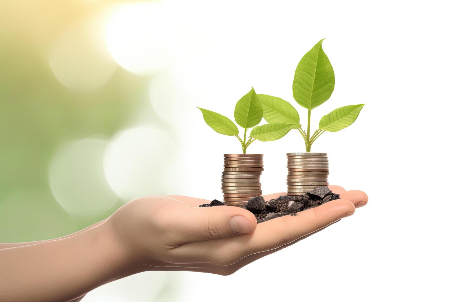 Growth finance concept. Plant growing on the coin in hand for wealth saving money and investment success. photo