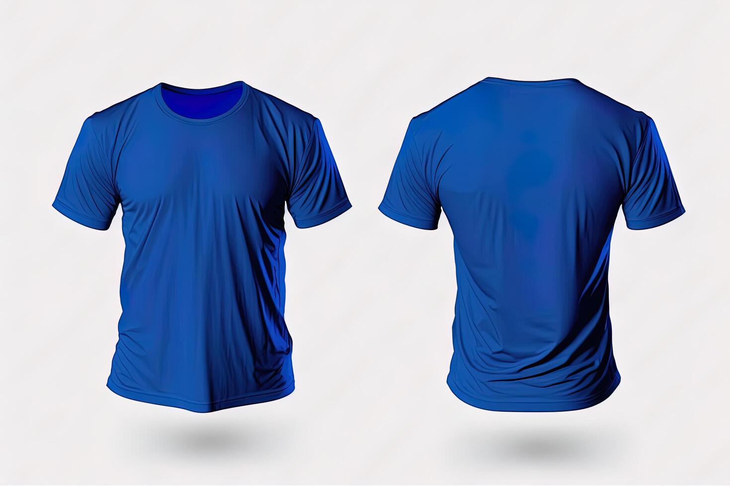 Photo realistic male blue t-shirts with copy space, front and back view.
