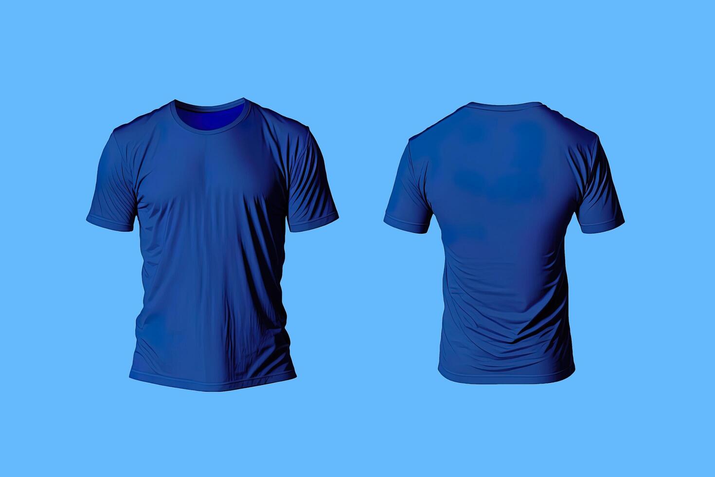 Photo realistic male blue t-shirts with copy space, front and back view.