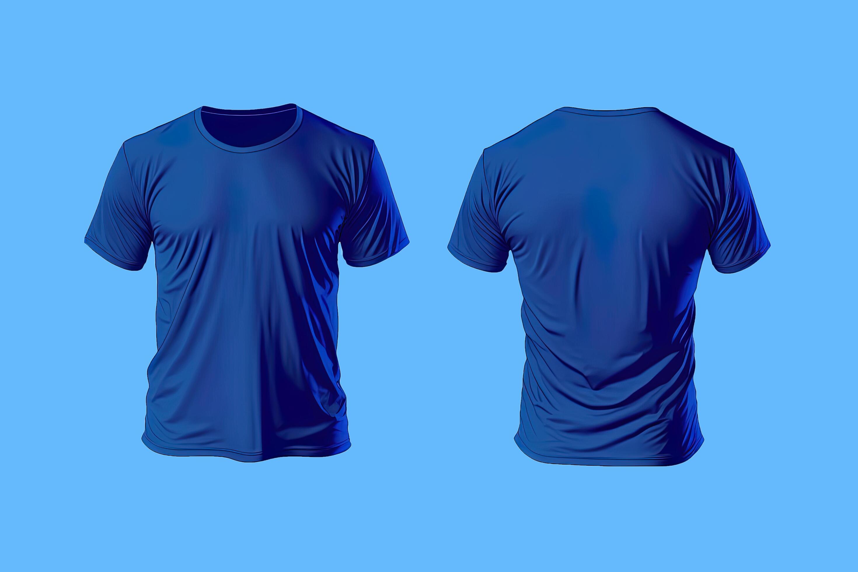 Photo realistic male blue t-shirts with copy space, front and back view ...