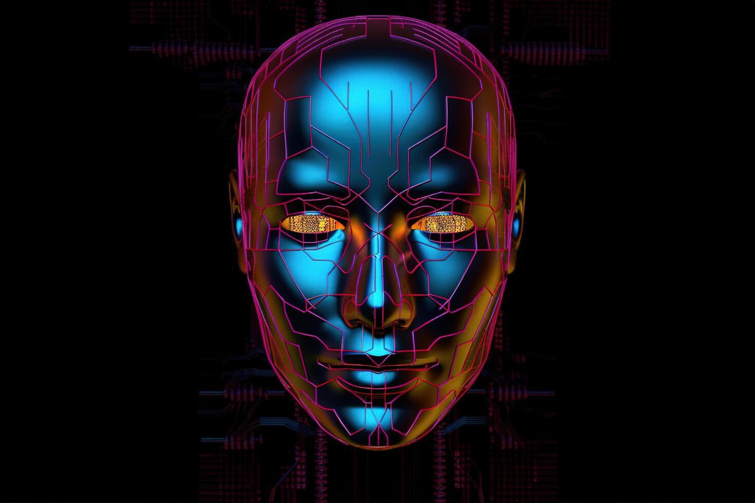 AI robot humanoid face with the circuit board background. photo