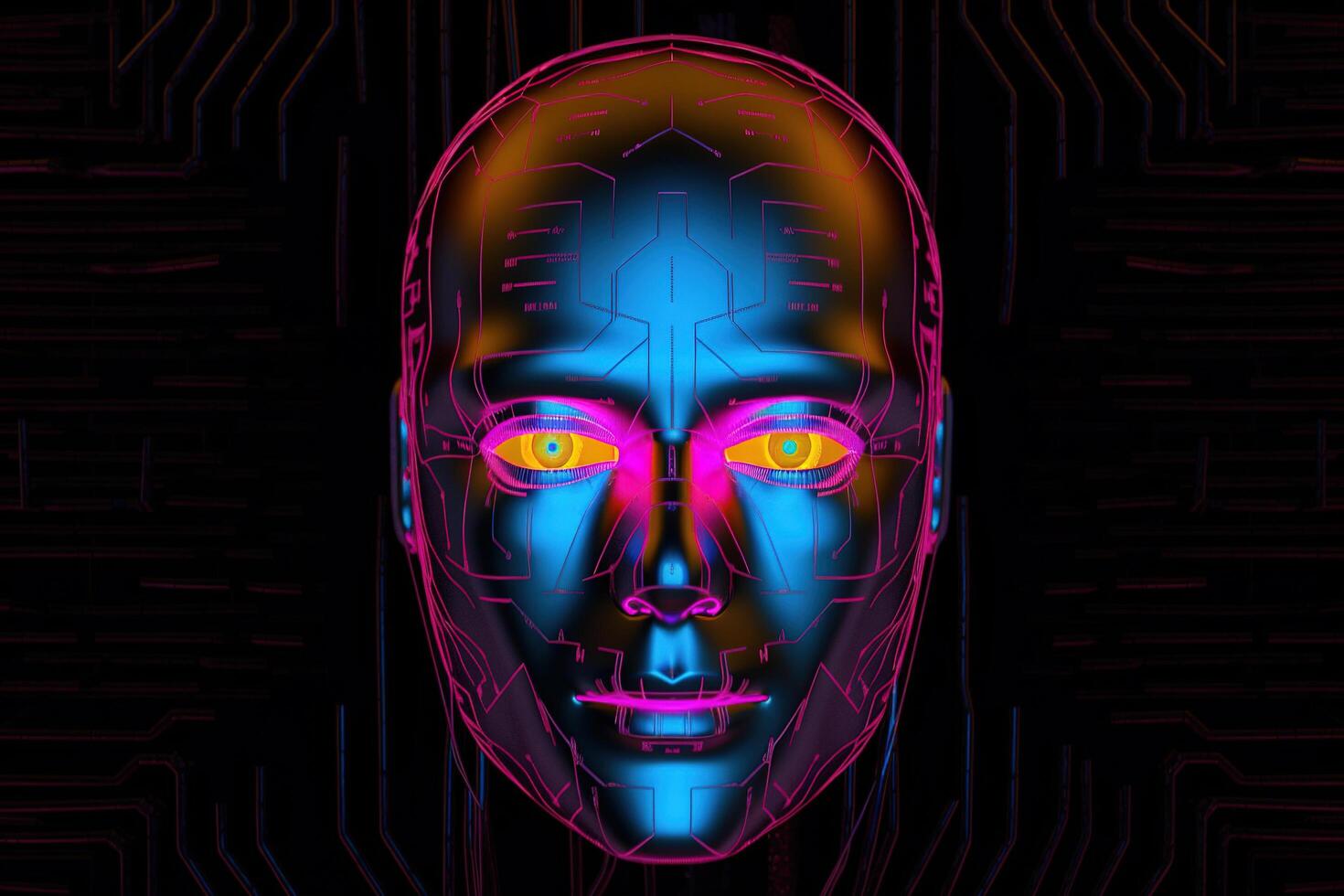 AI robot humanoid face with the circuit board background. photo