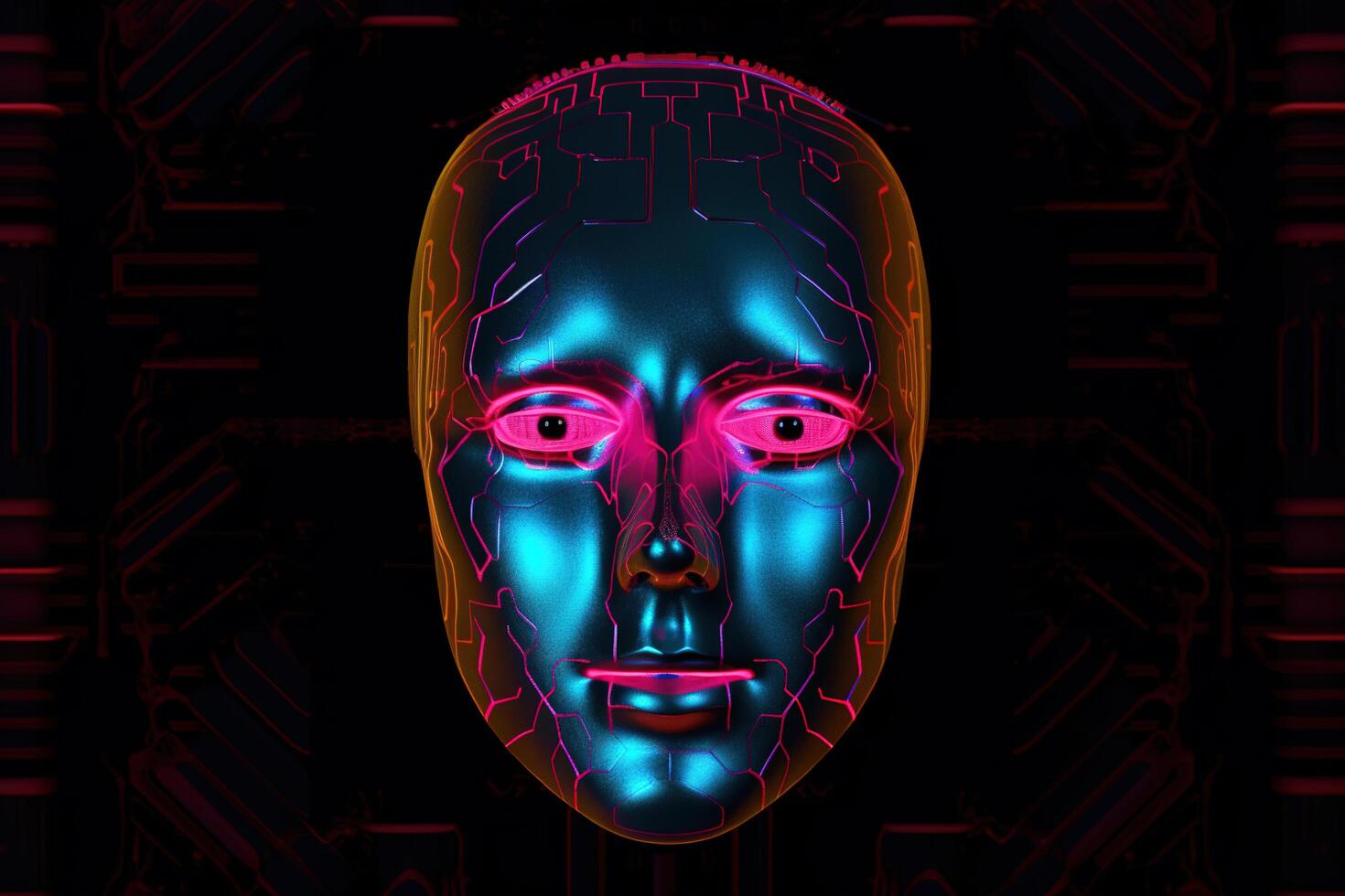 AI robot humanoid face with the circuit board background. photo