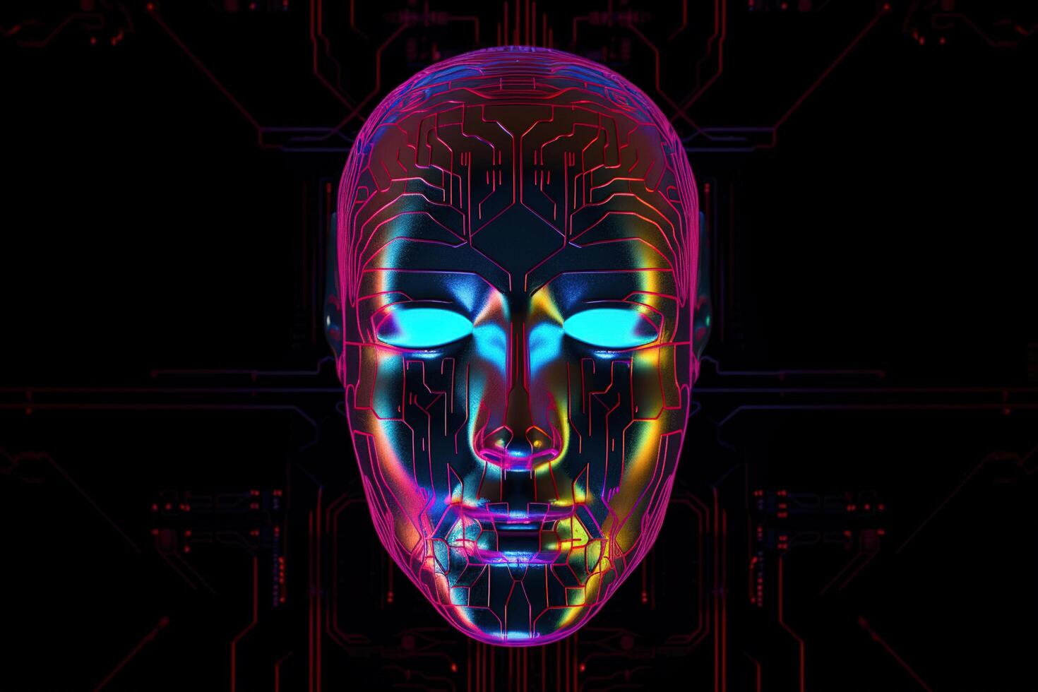 AI robot humanoid face with the circuit board background. photo