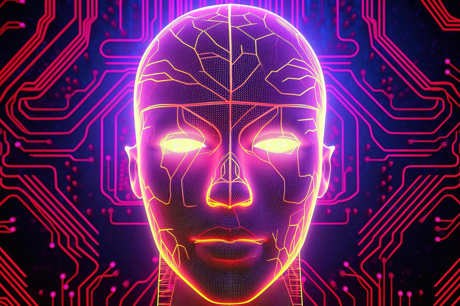 AI robot humanoid face with the circuit board background. photo