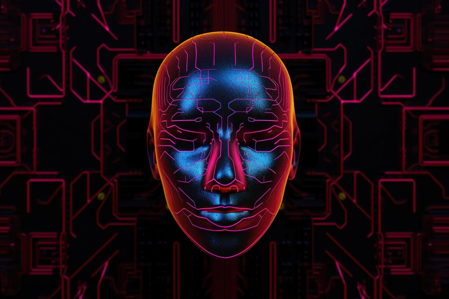 AI robot humanoid face with the circuit board background. photo