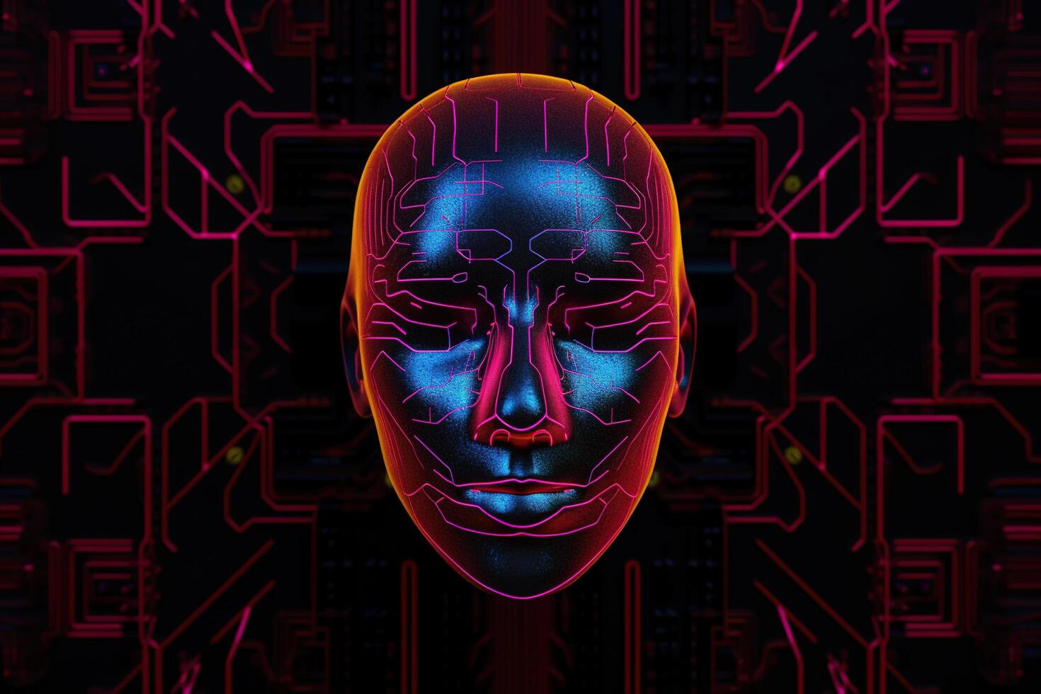 AI robot humanoid face with the circuit board background. photo