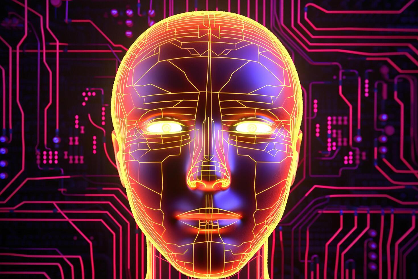 AI robot humanoid face with the circuit board background. photo