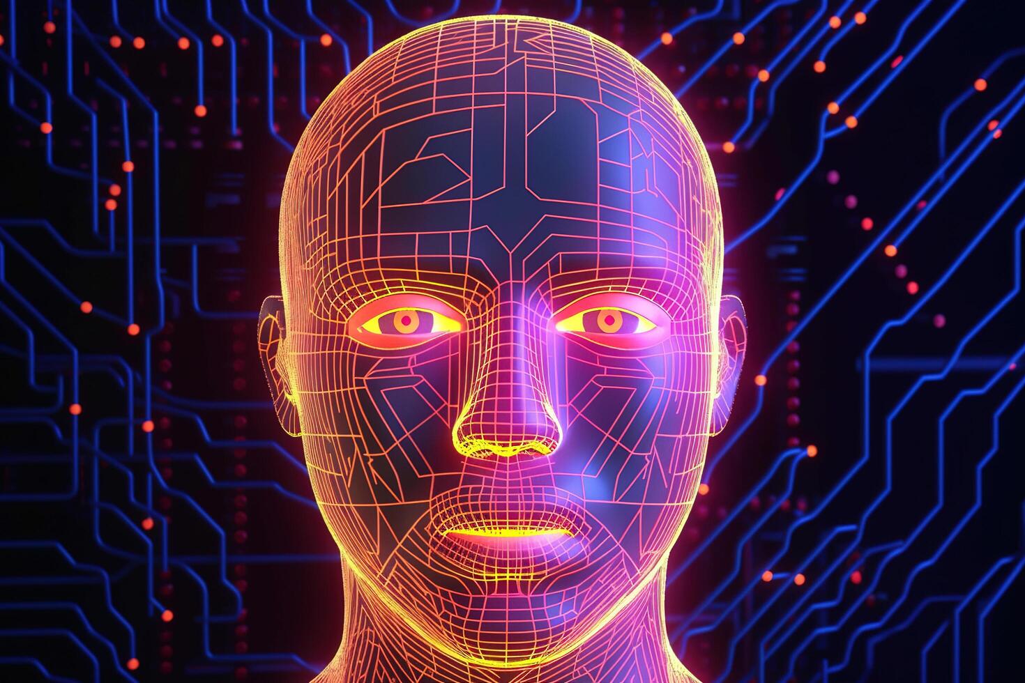 AI robot humanoid face with the circuit board background. photo