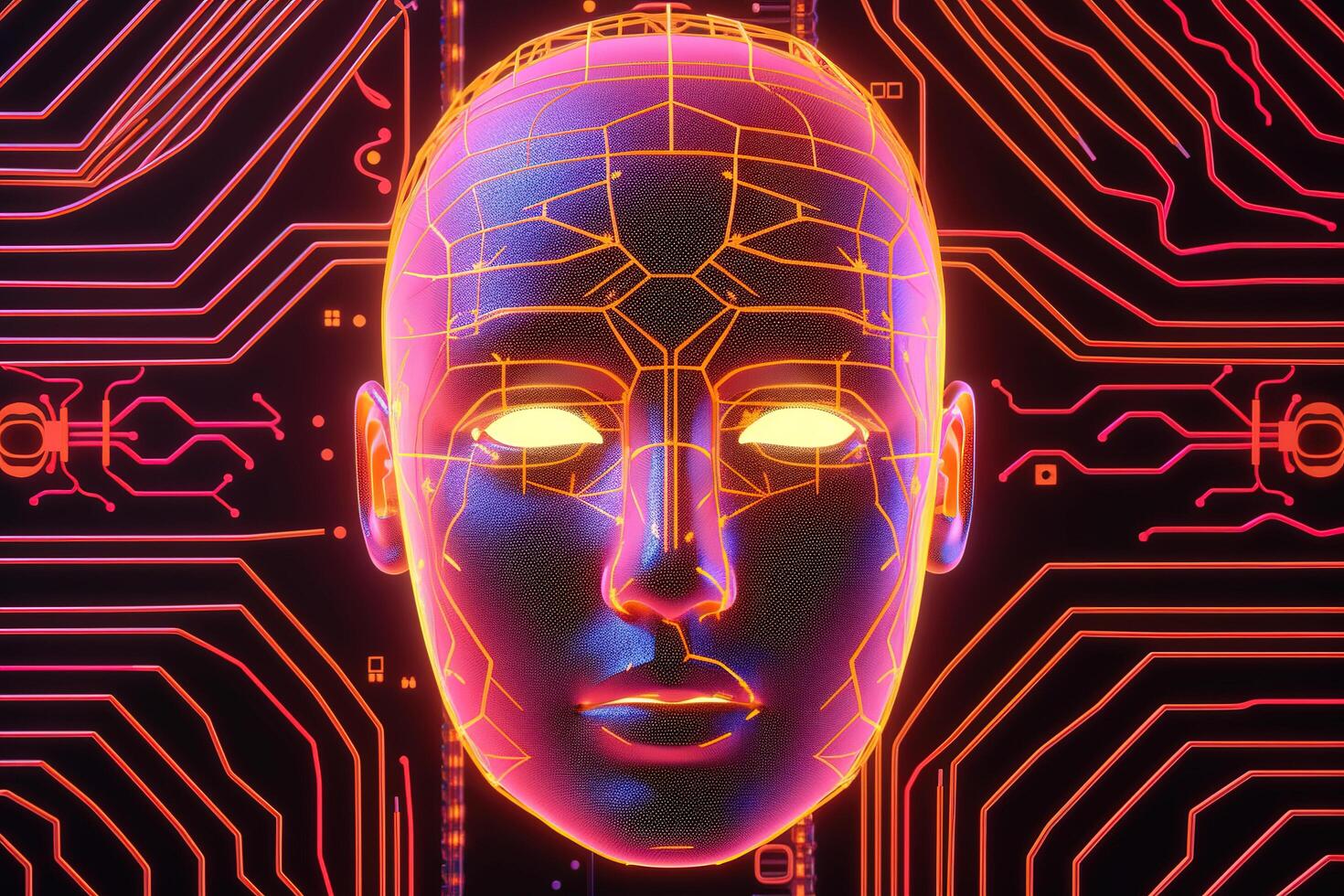 AI robot humanoid face with the circuit board background. photo